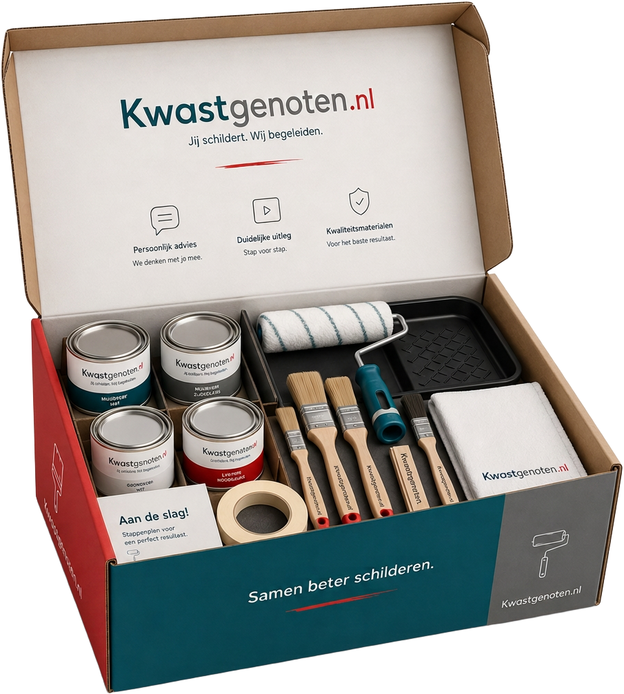 Open Kwastgenoten Box met professionele verf, kwasten, rollers, tape en schilderplan